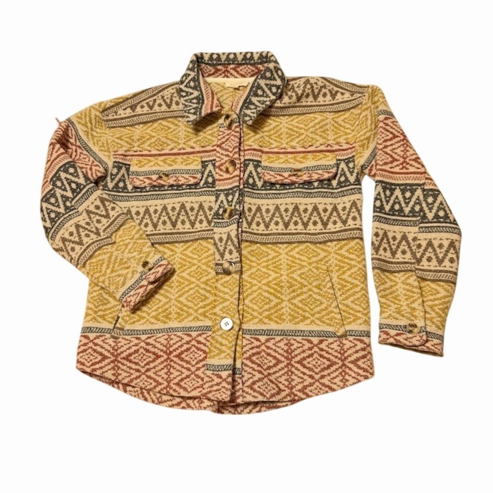Mystree Anthropologie Shacket S Mustard Aztec Geometric Button Jacket Boho Weste